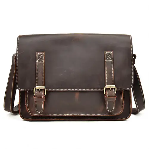 Vintage Leather Messenger Bag with Buckle Straps and Spacious Interior